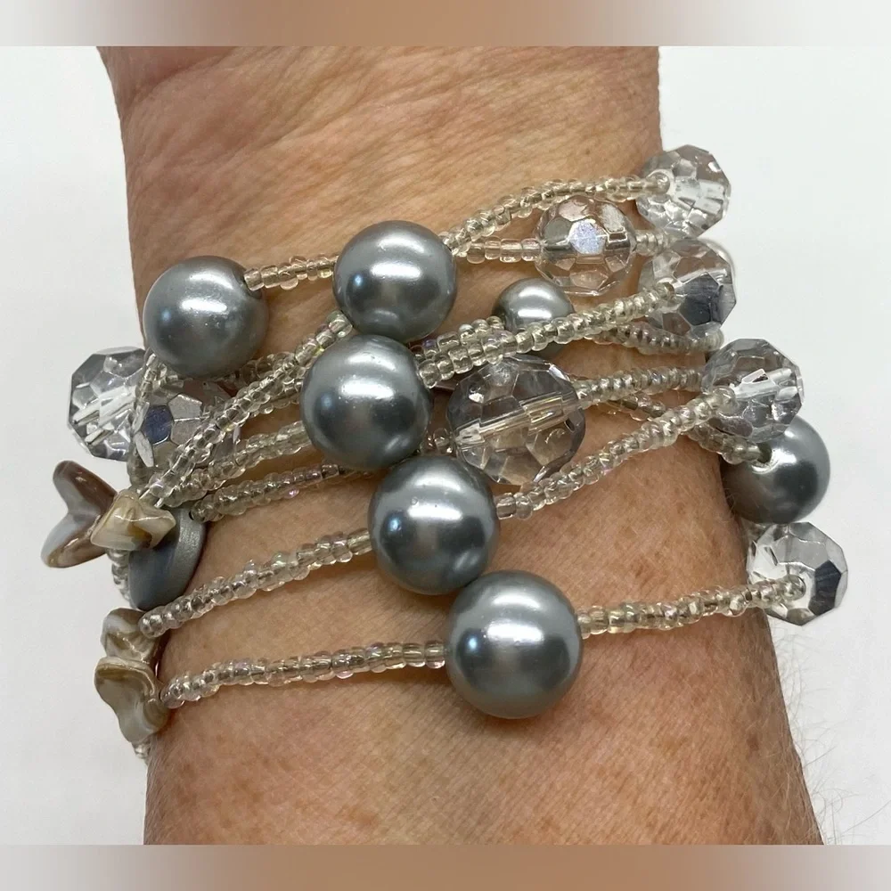 Long Wrap Crystal Clear Gray Pearl Beaded Necklace Boho Eclectic Feminine